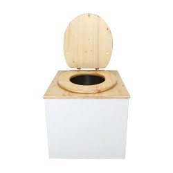 Toilette sèche en bois blanc/huilé complète avec seau inox 22 litres et bavette inox - abattant bois huilé