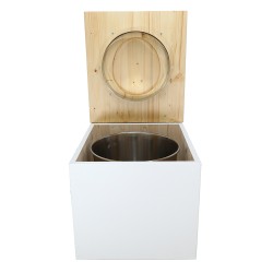Toilette sèche en bois blanc/huilé complète avec seau inox 22 litres et bavette inox - abattant bois huilé
