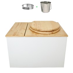 Toilette sèche avec bac à copeaux de bois. bois blanc/huilé, abattant huilé. Livré avec bavette inox et seau inox.