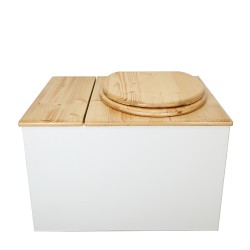 Toilette sèche avec bac à copeaux de bois. bois blanc/huilé, abattant huilé. Livré avec bavette inox et seau inox.