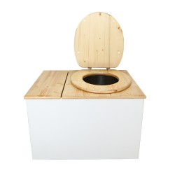 Toilette sèche avec bac à copeaux de bois. bois blanc/huilé, abattant huilé. Livré avec bavette inox et seau inox.