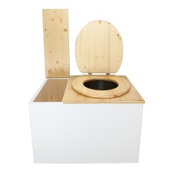Toilette sèche avec bac à copeaux de bois. bois blanc/huilé, abattant huilé. Livré avec bavette inox et seau inox.