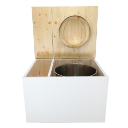 Toilette sèche avec bac à copeaux de bois. bois blanc/huilé, abattant huilé. Livré avec bavette inox et seau inox.