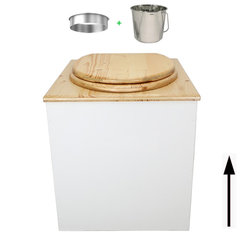 Toilette sèche rehaussée en bois blanc/huilé complète avec seau inox et bavette inox - abattant bois huilé