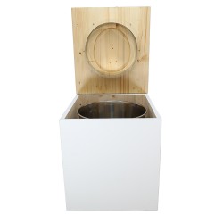 Toilette sèche rehaussée en bois blanc/huilé complète avec seau inox et bavette inox - abattant bois huilé