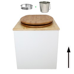Toilette sèche rehaussée en bois blanc/huilé avec seau inox et bavette inox - abattant bambou