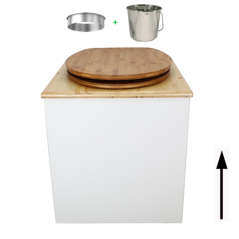 Toilette sèche rehaussée en bois blanc/huilé avec seau inox et bavette inox - abattant bambou