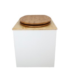 Toilette sèche rehaussée en bois blanc/huilé avec seau inox et bavette inox - abattant bambou