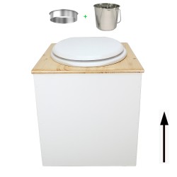 Toilette sèche rehaussée en bois blanc/huilé complète avec seau inox et bavette inox - abattant blanc