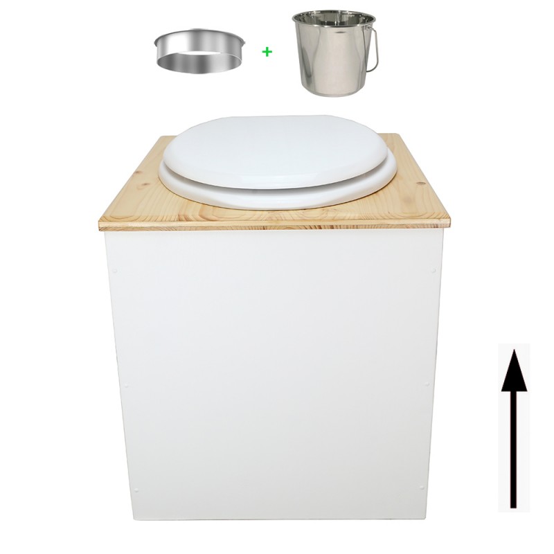 Toilette sèche rehaussée en bois blanc/huilé complète avec seau inox et bavette inox - abattant blanc