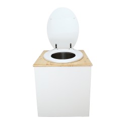 Toilette sèche rehaussée en bois blanc/huilé complète avec seau inox et bavette inox - abattant blanc