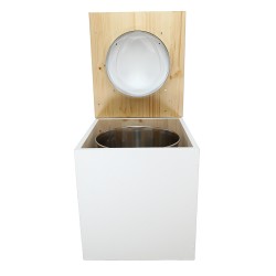 Toilette sèche rehaussée en bois blanc/huilé complète avec seau inox et bavette inox - abattant blanc