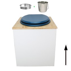 Toilette sèche rehaussée en bois blanc/huilé complète avec seau inox et bavette inox - abattant bleu nuit