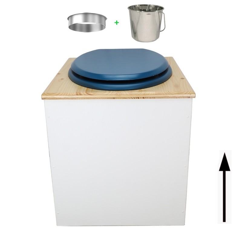 Toilette sèche rehaussée en bois blanc/huilé complète avec seau inox et bavette inox - abattant bleu nuit