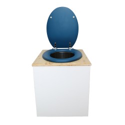 Toilette sèche rehaussée en bois blanc/huilé complète avec seau inox et bavette inox - abattant bleu nuit