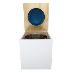 Toilette sèche rehaussée en bois blanc/huilé complète avec seau inox et bavette inox - abattant bleu nuit