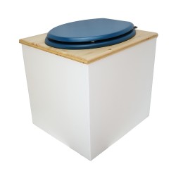 Toilette sèche rehaussée en bois blanc/huilé complète avec seau inox et bavette inox - abattant bleu nuit