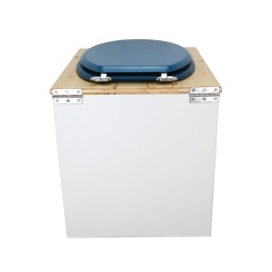 Toilette sèche rehaussée en bois blanc/huilé complète avec seau inox et bavette inox - abattant bleu nuit