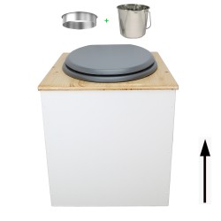 Toilette sèche rehaussée en bois blanc/huilé complète avec seau inox et bavette inox - abattant gris