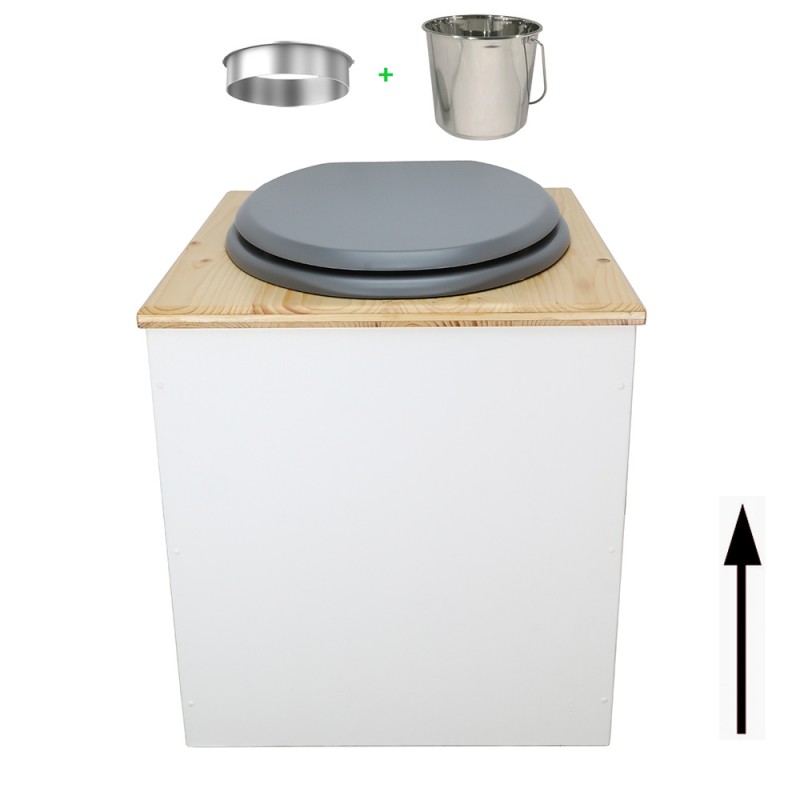 Toilette sèche rehaussée en bois blanc/huilé complète avec seau inox et bavette inox - abattant gris