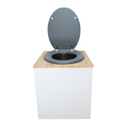 Toilette sèche rehaussée en bois blanc/huilé complète avec seau inox et bavette inox - abattant gris