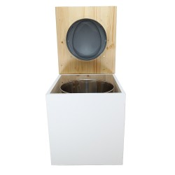 Toilette sèche rehaussée en bois blanc/huilé complète avec seau inox et bavette inox - abattant gris