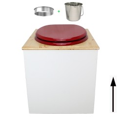 Toilette sèche rehaussée en bois blanc/huilé complète avec seau inox et bavette inox - abattant rouge