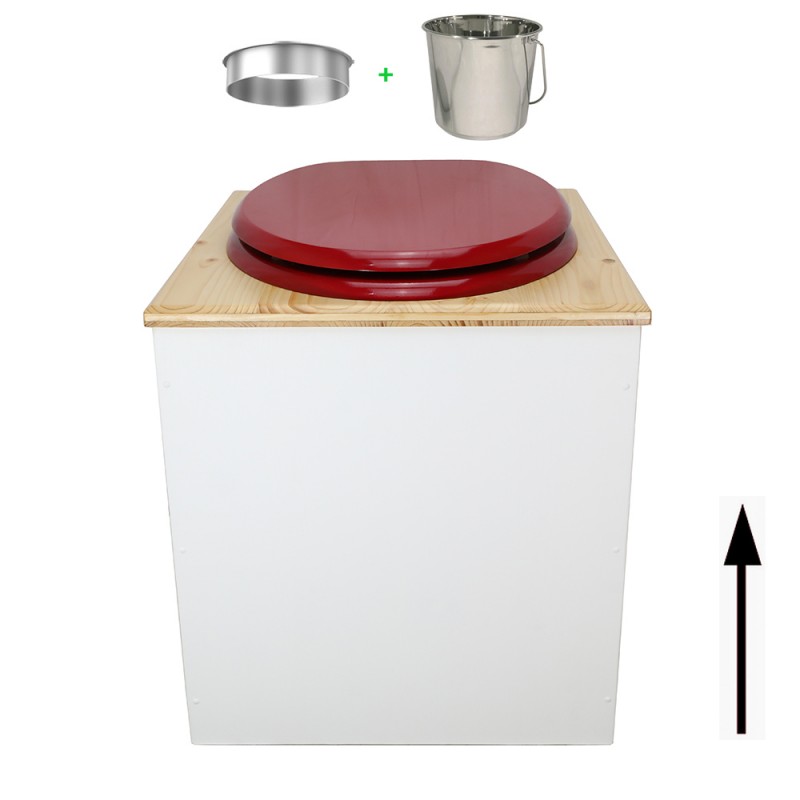 Toilette sèche rehaussée en bois blanc/huilé complète avec seau inox et bavette inox - abattant rouge