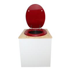 Toilette sèche rehaussée en bois blanc/huilé complète avec seau inox et bavette inox - abattant rouge