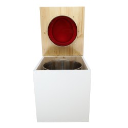 Toilette sèche rehaussée en bois blanc/huilé complète avec seau inox et bavette inox - abattant rouge
