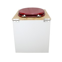 Toilette sèche rehaussée en bois blanc/huilé complète avec seau inox et bavette inox - abattant rouge