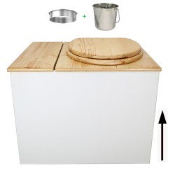 Toilette sèche en bois blanc/huilé avec bac intégré, abattant bois huilé, seau inox et bavette inox. Hauteur PMR 50 cm.