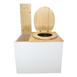 Toilette sèche en bois blanc/huilé avec bac intégré, abattant bois huilé, seau inox et bavette inox. Hauteur PMR 50 cm.