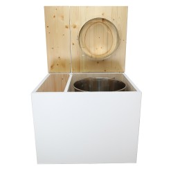 Toilette sèche en bois blanc/huilé avec bac intégré, abattant bois huilé, seau inox et bavette inox. Hauteur PMR 50 cm.