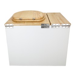 Toilette sèche en bois blanc/huilé avec bac intégré, abattant bois huilé, seau inox et bavette inox. Hauteur PMR 50 cm.