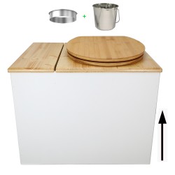 Toilette sèche en bois blanc/huilé avec bac intégré, abattant bambou seau inox et bavette inox. Hauteur PMR 50 cm.