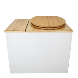 Toilette sèche en bois blanc/huilé avec bac intégré, abattant bambou seau inox et bavette inox. Hauteur PMR 50 cm.