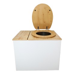 Toilette sèche en bois blanc/huilé avec bac intégré, abattant bambou seau inox et bavette inox. Hauteur PMR 50 cm.