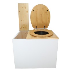 Toilette sèche en bois blanc/huilé avec bac intégré, abattant bambou seau inox et bavette inox. Hauteur PMR 50 cm.