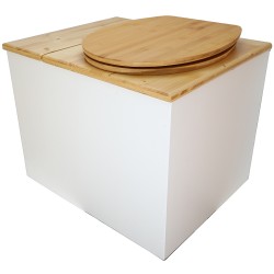 Toilette sèche en bois blanc/huilé avec bac intégré, abattant bambou seau inox et bavette inox. Hauteur PMR 50 cm.