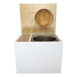Toilette sèche en bois blanc/huilé avec bac intégré, abattant bambou seau inox et bavette inox. Hauteur PMR 50 cm.