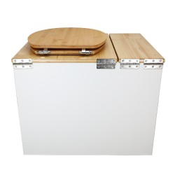 Toilette sèche en bois blanc/huilé avec bac intégré, abattant bambou seau inox et bavette inox. Hauteur PMR 50 cm.