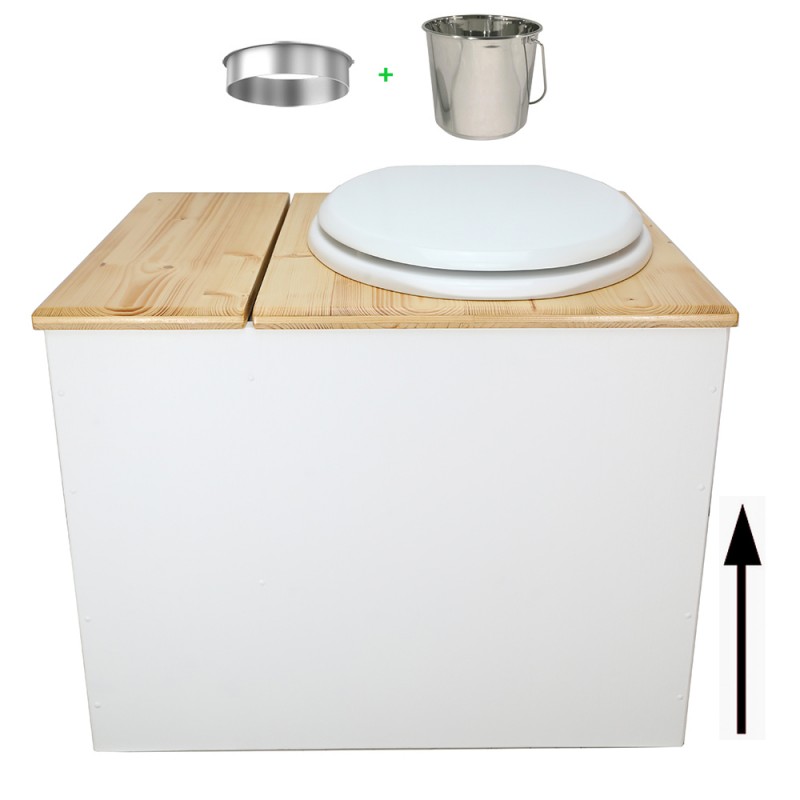 Toilette sèche en bois blanc/huilé avec bac intégré, abattant blanc seau inox et bavette inox. Hauteur PMR 50 cm.