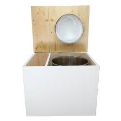 Toilette sèche en bois blanc/huilé avec bac intégré, abattant blanc seau inox et bavette inox. Hauteur PMR 50 cm.
