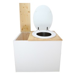 Toilette sèche en bois blanc/huilé avec bac intégré, abattant blanc seau inox et bavette inox. Hauteur PMR 50 cm.