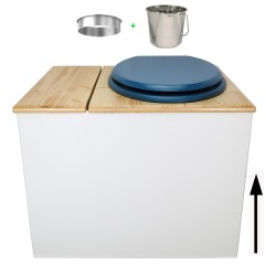 Toilette sèche en bois blanc/huilé avec bac intégré, abattant bleu, seau inox et bavette inox. Hauteur PMR 50 cm.