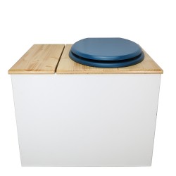 Toilette sèche en bois blanc/huilé avec bac intégré, abattant bleu, seau inox et bavette inox. Hauteur PMR 50 cm.