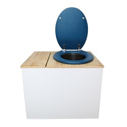 Toilette sèche en bois blanc/huilé avec bac intégré, abattant bleu, seau inox et bavette inox. Hauteur PMR 50 cm.