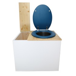 Toilette sèche en bois blanc/huilé avec bac intégré, abattant bleu, seau inox et bavette inox. Hauteur PMR 50 cm.