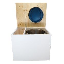 Toilette sèche en bois blanc/huilé avec bac intégré, abattant bleu, seau inox et bavette inox. Hauteur PMR 50 cm.